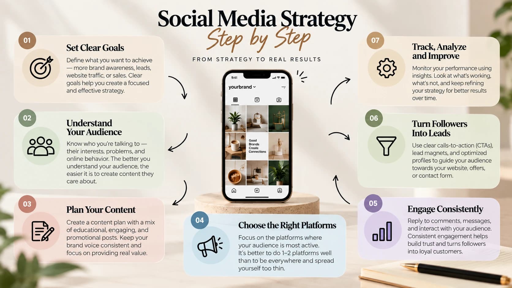 Social media strategy step by step: 1. Set clear goals. 2. Understand your audience. 3. Plan your content. 4. Choose the right platforms. 5. Engage consistently. 6. Turn followers into leads. 7. Track, analyze and improve.