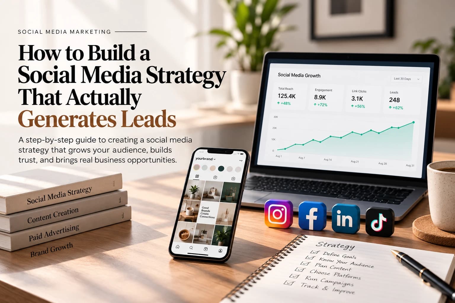 Desk with a laptop showing social media growth analytics, a phone with a brand Instagram feed, Instagram, Facebook, LinkedIn and TikTok icons, and a handwritten strategy checklist