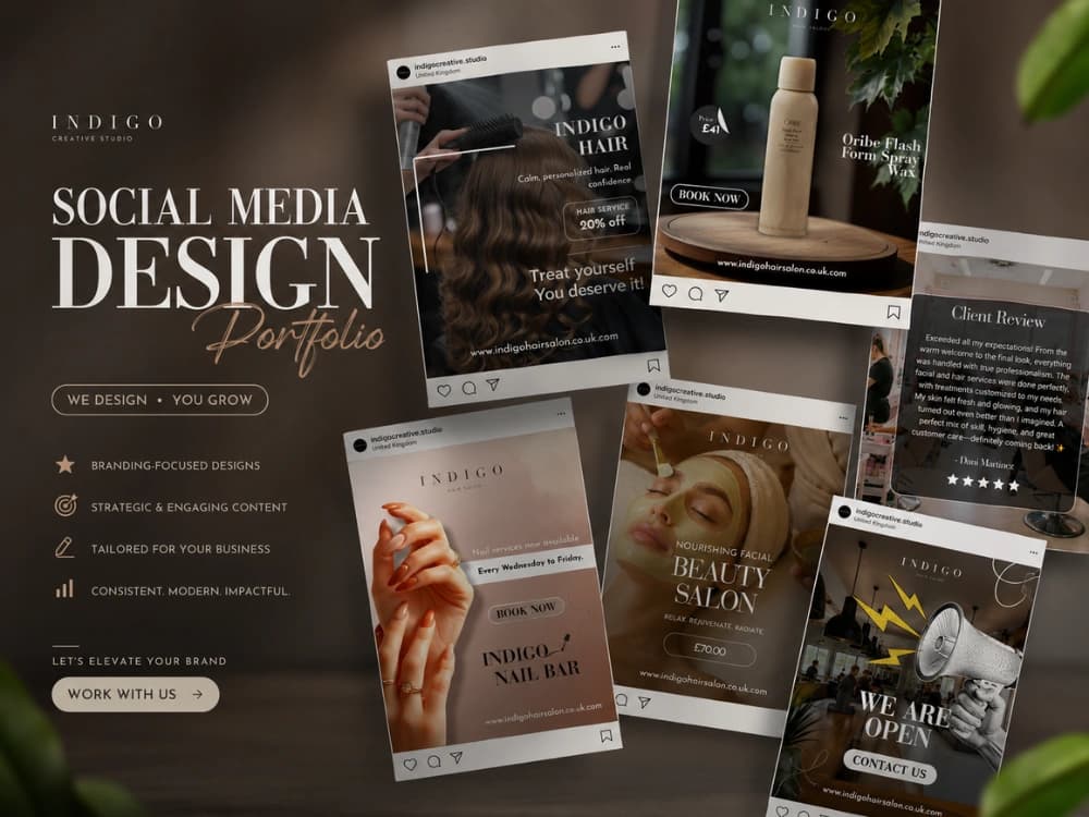 Beauty salon social media portfolio: hair, nail and salon service posts in neutral tones