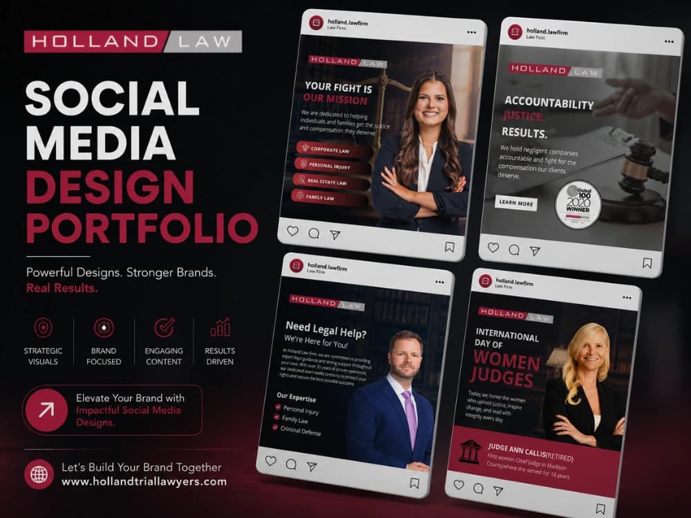 Law firm social media designs: legal services, attorney profile and client trust posts