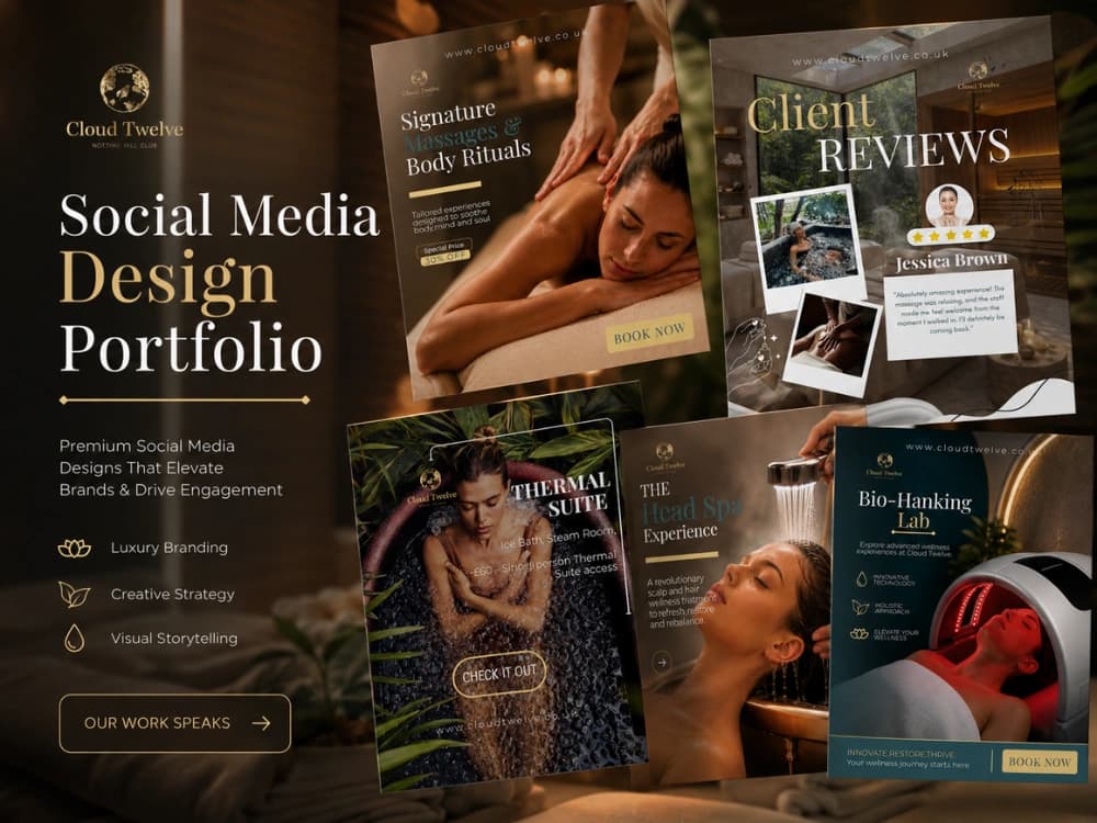Luxury med spa social media portfolio: signature body rituals, client reviews and treatment posts