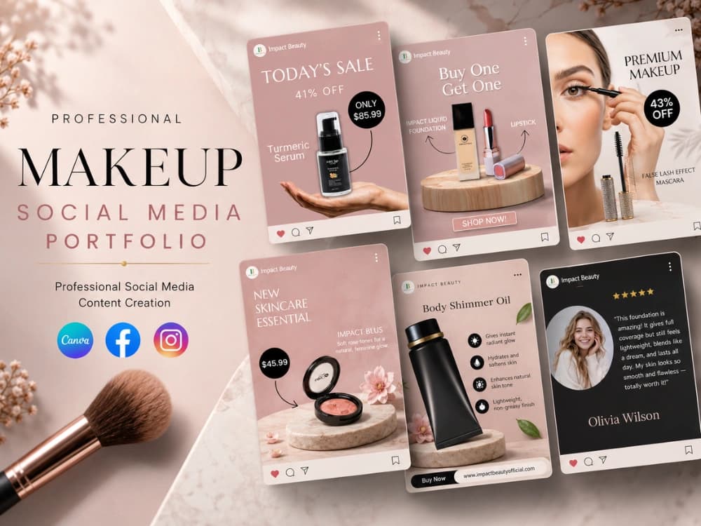 Makeup brand social media portfolio: product launch, sale and beauty tip posts in soft pink