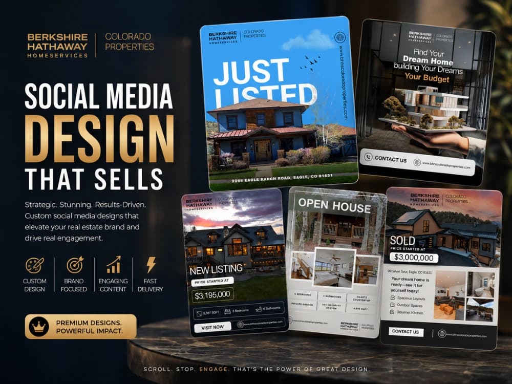 Real estate social media designs: just listed, open house and sold property posts