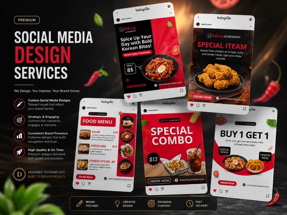 Restaurant social media designs: menu, special combo and buy-one-get-one food posts in red and black