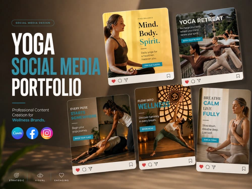 Yoga studio social media portfolio: retreat, wellness and class promotion posts